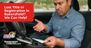 Hispanic man inside a vehicle looking concerned while holding DMV paperwork, illustrating a ca dmv lost title or duplicate registration issue in California.